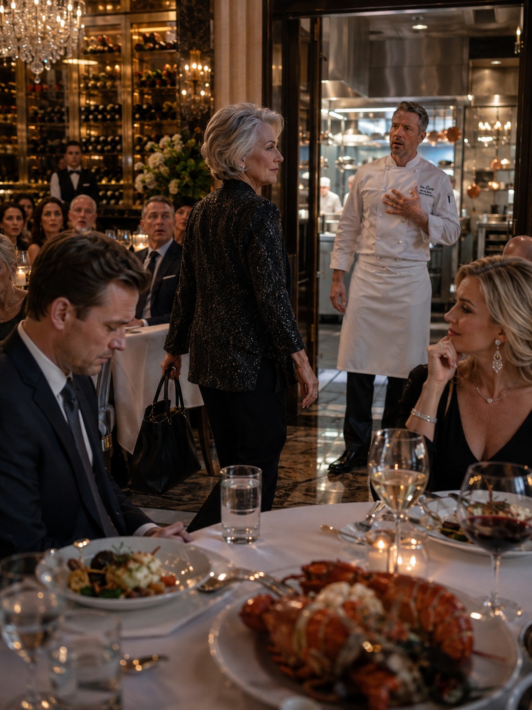 My daughter-in-law ordered lobster for everyone but told the waiter tap water was “fine for Helen,” then my own son looked down at the table and said I should know my place, not realizing the restaurant, the chandeliers, the wine list, and the kitchen staff he was using to humiliate me all belonged to the woman he thought was too ordinary to respect — and when I walked through the staff door instead of the restroom, the chef came out and called me by the title that made their whole table go silent