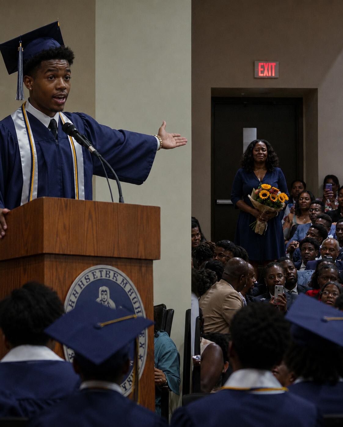 My ex-husband's new wife thought she could push me to the back of the class at my own son's graduation—until my son grabbed the microphone and said something amazing that nobody in the room was prepared to hear.