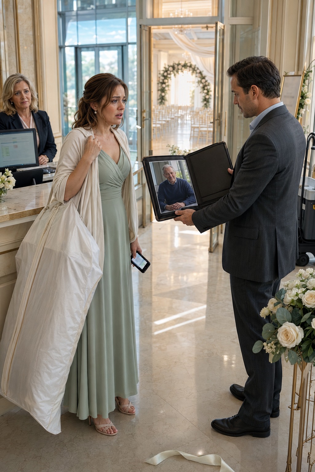 I Walked Into My Sister’s Wedding Venue Carrying My Maid-Of-Honor Dress—And The Receptionist Whispered, “Ma’am… The Ceremony Was Yesterday.” I Had Paid $30,000 For The Flowers, Catering, And Reception. When I Called Emily, She Laughed From Her “Honeymoon” And Said, “Thanks For The Money. Honestly, It Was Better Without You.” Then An Unknown Number Texted Me: “They Didn’t Just Move The Wedding. They Set You Up.” I Looked Across The Empty Lobby And Saw A Man In A Dark Suit Holding A Folder With My Name On It. When He Opened It To A Photograph, My Knees Nearly Gave Out—And Before He Could Explain What My Mother Had Hidden From Me For Twenty-Three Years, A Black SUV Pulled Up Outside…