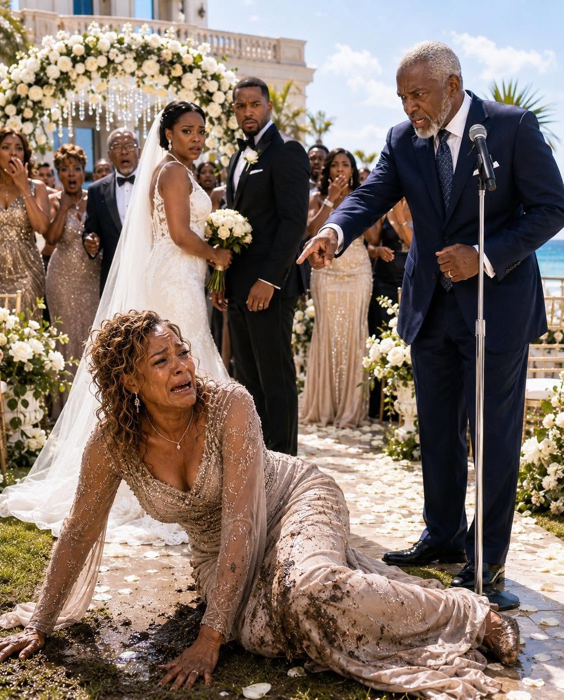 At her only son’s wedding, the bride pu:shed her into the mud in front of two hundred guests; as her champagne