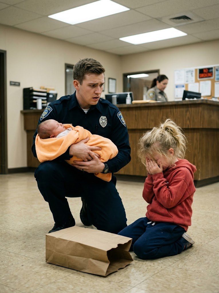 SHE WAS ONLY A LITTLE GIRL WITH BLOODY FEET, A FILTHY SWEATER, AND A PAPER BAG CLUTCHED SO TIGHTLY TO HER CHEST THAT THE OFFICER AT THE FRONT DESK KNEW SOMETHING WAS TERRIBLY WRONG BEFORE SHE EVEN SPOKE—BUT NOTHING PREPARED HIM FOR THE BABY INSIDE, THE TINY WHISPER OF BREATH STILL LEFT IN HIM, OR THE HORRIFIC TRUTH WAITING IN THE ISOLATED HOUSE WHERE HER MOTHER HAD VANISHED, A “HELPER” HAD BEEN LEAVING SUPPLIES IN THE DARK, AND ONE RESPECTED MAN’S NAME WAS ABOUT TO MAKE THE WHOLE TOWN GO SILENT—