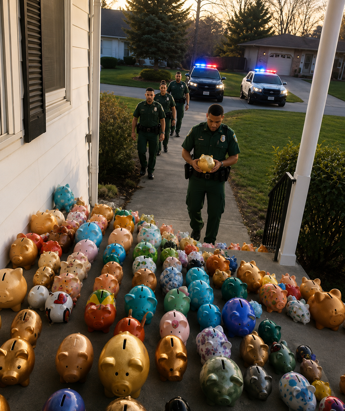 My 6-year-old son emptied his piggy bank to help our elderly neighbor when her house went dark — but the next morning, our yard was covered with piggy banks, patrol cars blocked the street, and one officer handed me a red piggy bank with a war:ning: “Break this open.”