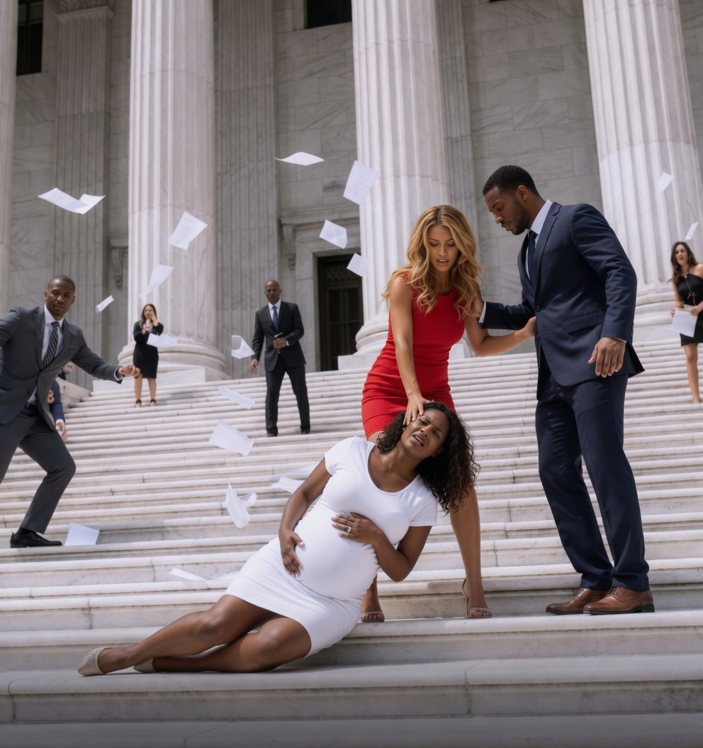 I was seven months pregnant when his mistress shoved me down the courthouse stairs. My body hit the marble hard, and all I heard was her whisper: “Now you’re finally out of the way.” I thought he would save me—but my husband just stood there, silent. Then a voice thundered through the chaos: “Touch my sister again, and I’ll destroy you in court.” That was when my brother arrived… and everything changed. - True Stories
