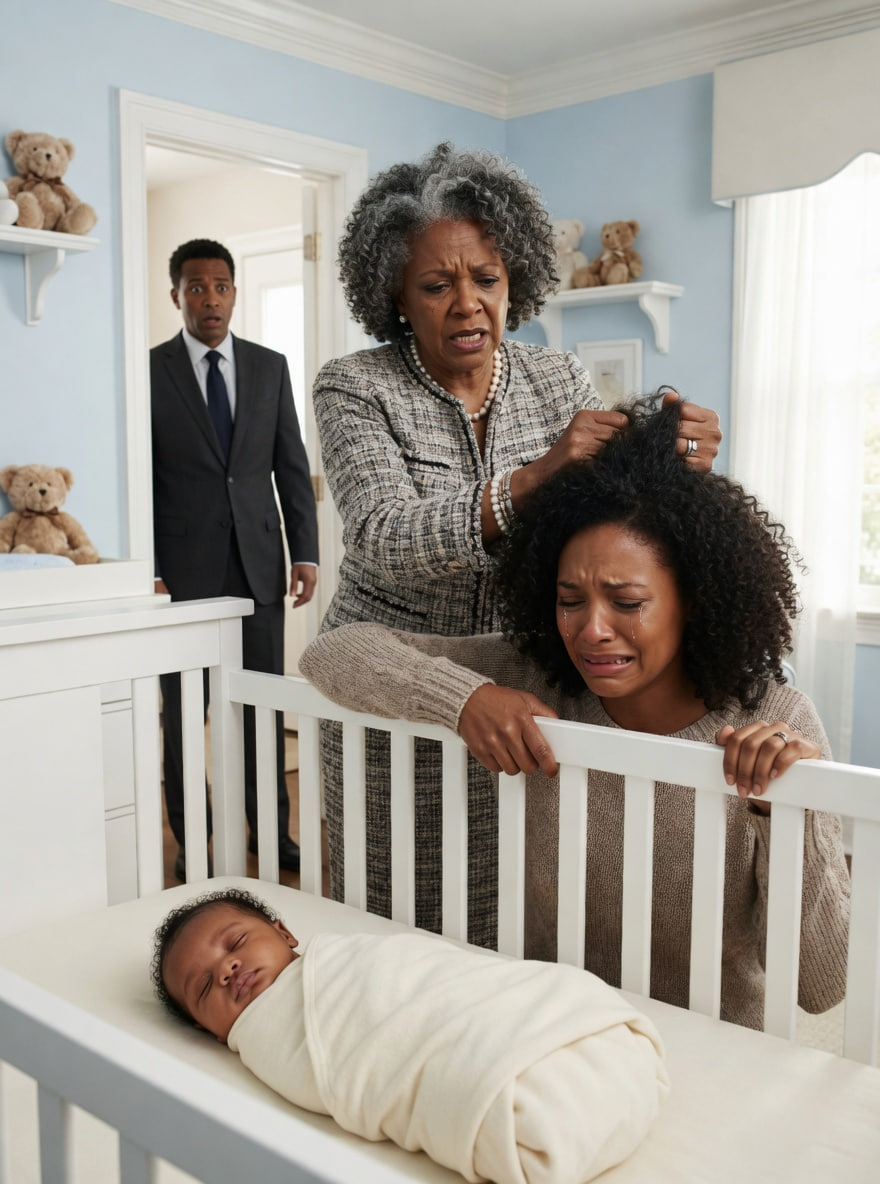 At 2 a.m., stuck at the office, I checked the hidden baby monitor I’d set up to see why our newborn kept crying—and my bl00d ran cold. On the screen, my mother stormed into the nursery, hissed, “You live off my son and still complain?” and yanked my exhausted wife by the hair beside the crib.