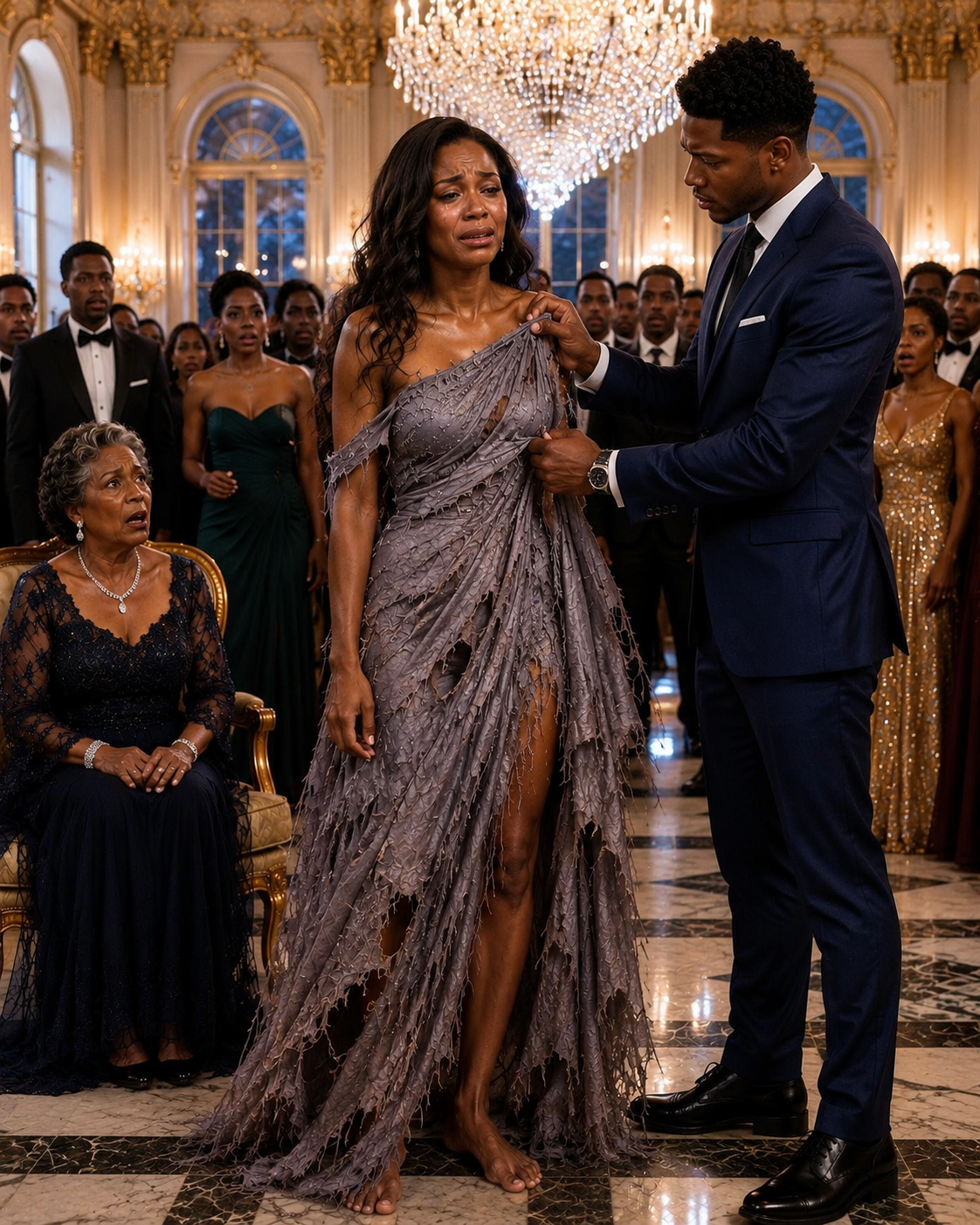 My family forced me to wear an old, worn dress to a grand party, thinking it would make me look poor and invisible. But when the billionaire host saw it, he recognized the hidden golden embroidery inside—and the whole mansion fell silent.