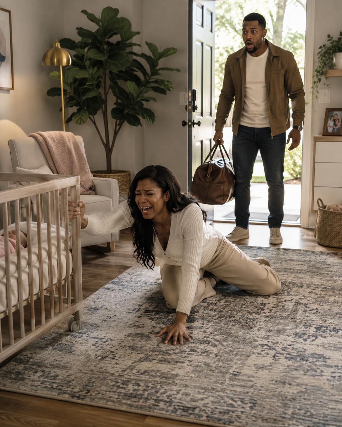I collapsed in my newborn son’s nursery after a serious medical emergency while my husband was away celebrating his birthday at a luxury mountain resort. Three days later, he came home smiling, carrying a gift he had bought for himself—only to find the nursery silent, the bassinet empty, and signs that something had gone terribly wrong.743