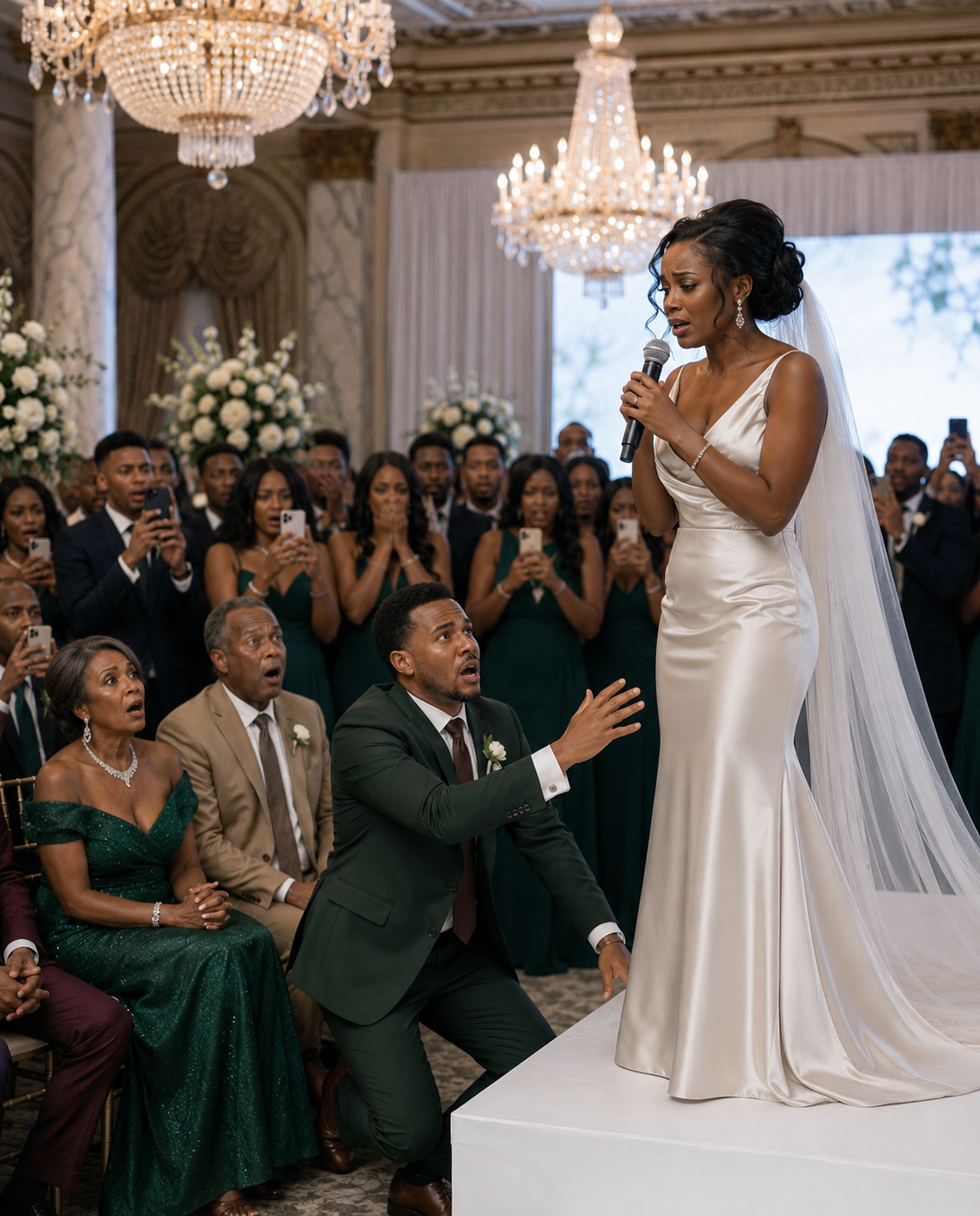 “Fifteen minutes before my wedding, I found my parents hidden behind a marble pillar on two plastic chairs while my fiancé’s wealthy family claimed the entire front row. My mother squeezed my hand and whispered, “Please don’t let this ruin your day.” I smiled, walked calmly to the stage, picked up the microphone, and prepared to reveal a truth nobody in that ballroom saw coming…