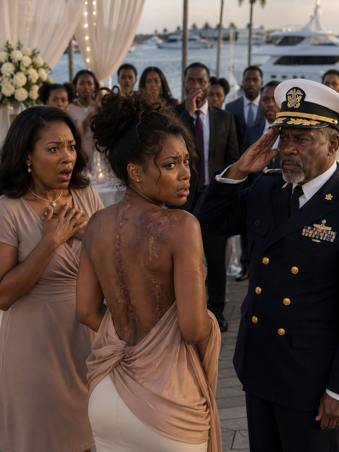 My sister tore my shirt open at my father’s luxury retirement party and laughed at the scars on my back, while Navy officers stared and my father stayed silent — but when an Admiral stepped forward, his salute revealed why I had vanished for five years. The room went dead quiet, because the daughter they had mocked was no longer powerless.