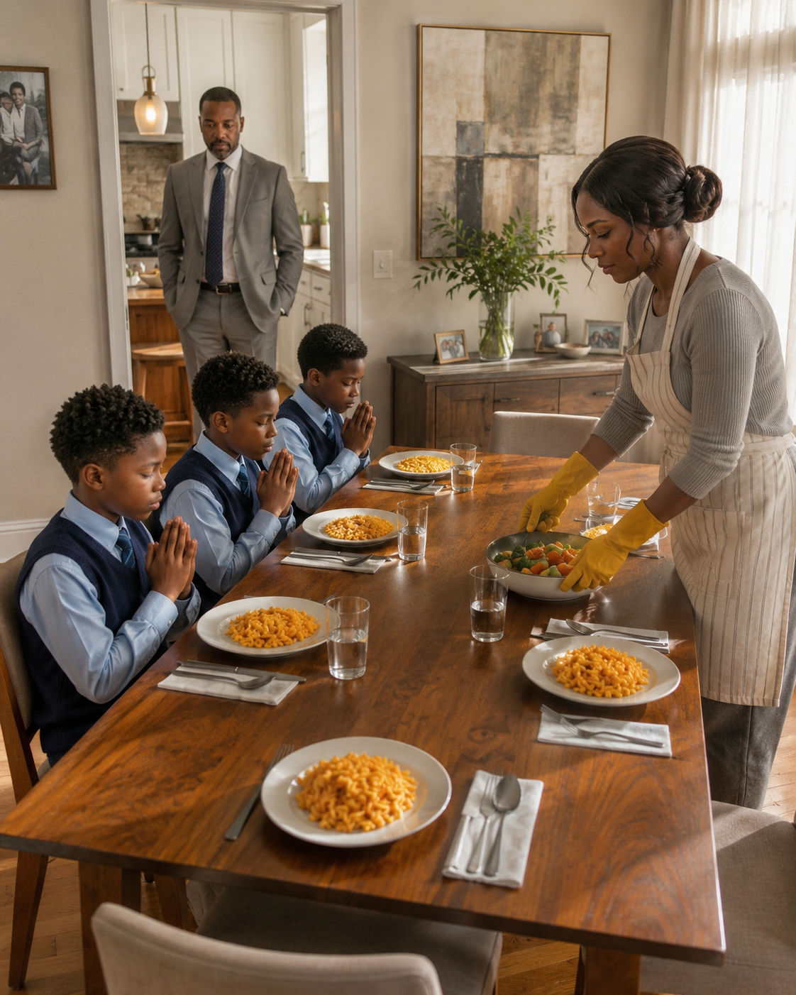 The maid secretly dyed a pot of cheap rice yellow and called it “gold rice” so the four little boys would feel like princes… But the day the billionaire came home early and saw it, he froze—because the boys looked exactly like him, and that “gold rice” was the secret that kept them alive.