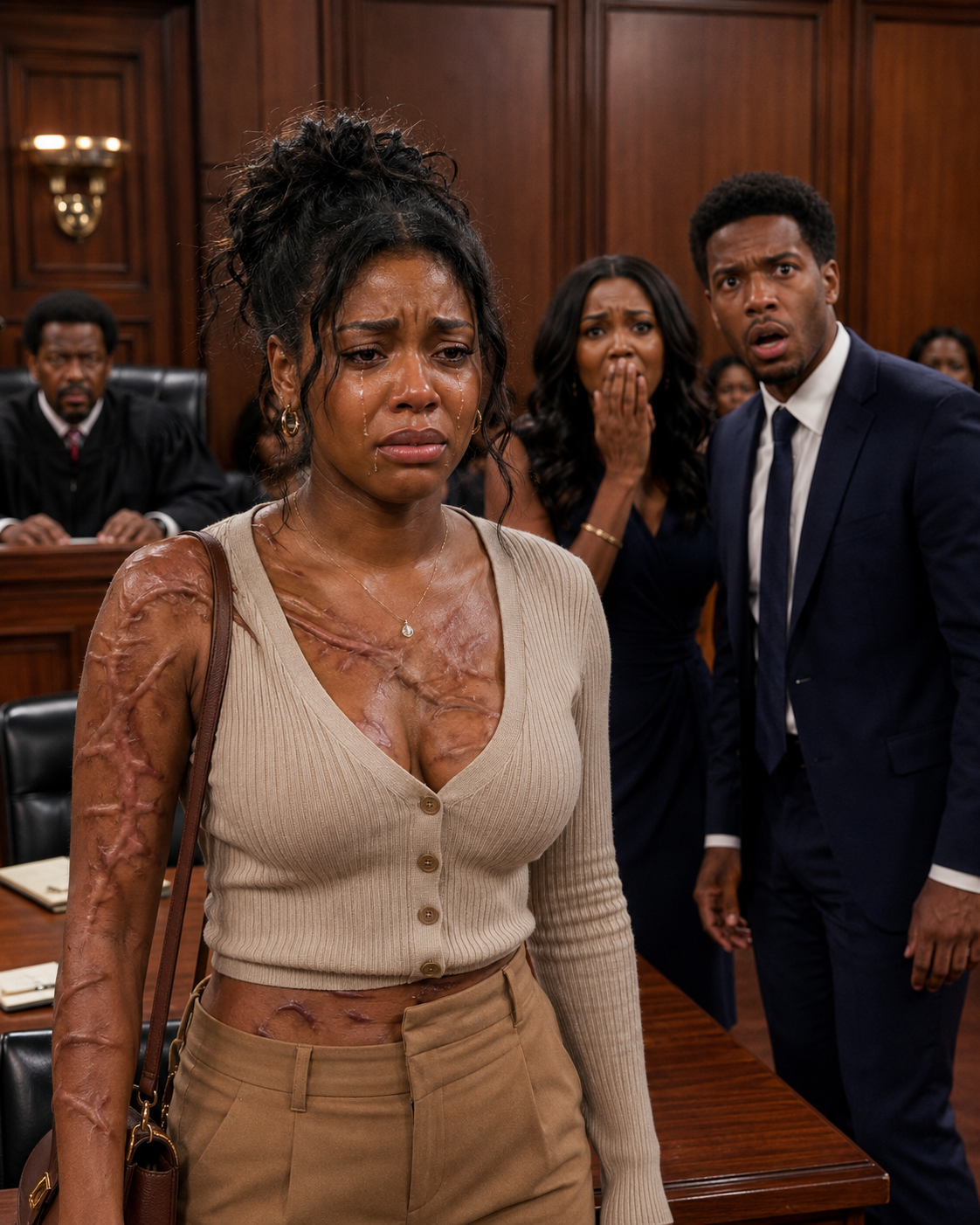 At our divorce hearing, my husband presented fake psych reports to steal my assets. “You’ll be starving on the street,” he laughed, holding his mistress’s hand. He thought I was just a broken, silent victim. I didn’t argue or cry. I calmly unbuttoned my silk blouse. When they saw what covering my chest and arms, the judge gasped. The entire courtroom went dead silent. “Your Honor,” I whispered, staring dead at my pale husband. “This is no longer a divorce hearing. This is the trial for every dark secret you believed would remain buried forever.” My husband’s smile turned into pure terror.