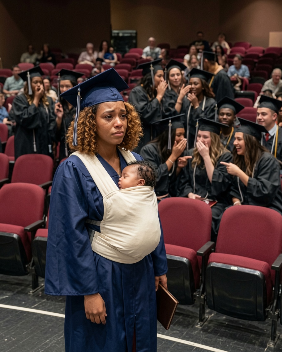 They burst into laughter the instant I stepped onto the graduation platform carrying a newborn in my arms. Someone seated behind me even muttered, "Just like its mother..." But the principal’s next words instantly silenced everyone.