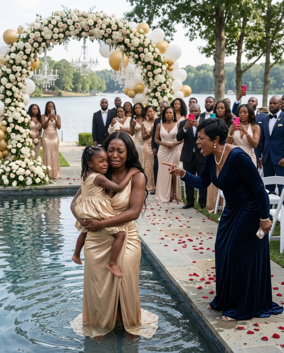 At my sister’s wedding, I was forbidden from sitting with the family because I was “a single mom.” My mother sneered, “Your sister married a CEO—unlike you, who only brings shame to us.” I ignored her, focused on my daughter who had just spilled some wine. That’s when my father exploded—shouting before shoving us straight into the fountain. The guests burst into applause, laughing as if it were a show. 2 minutes later, my secret billionaire husband arrived. What happened next left every single of them regret.