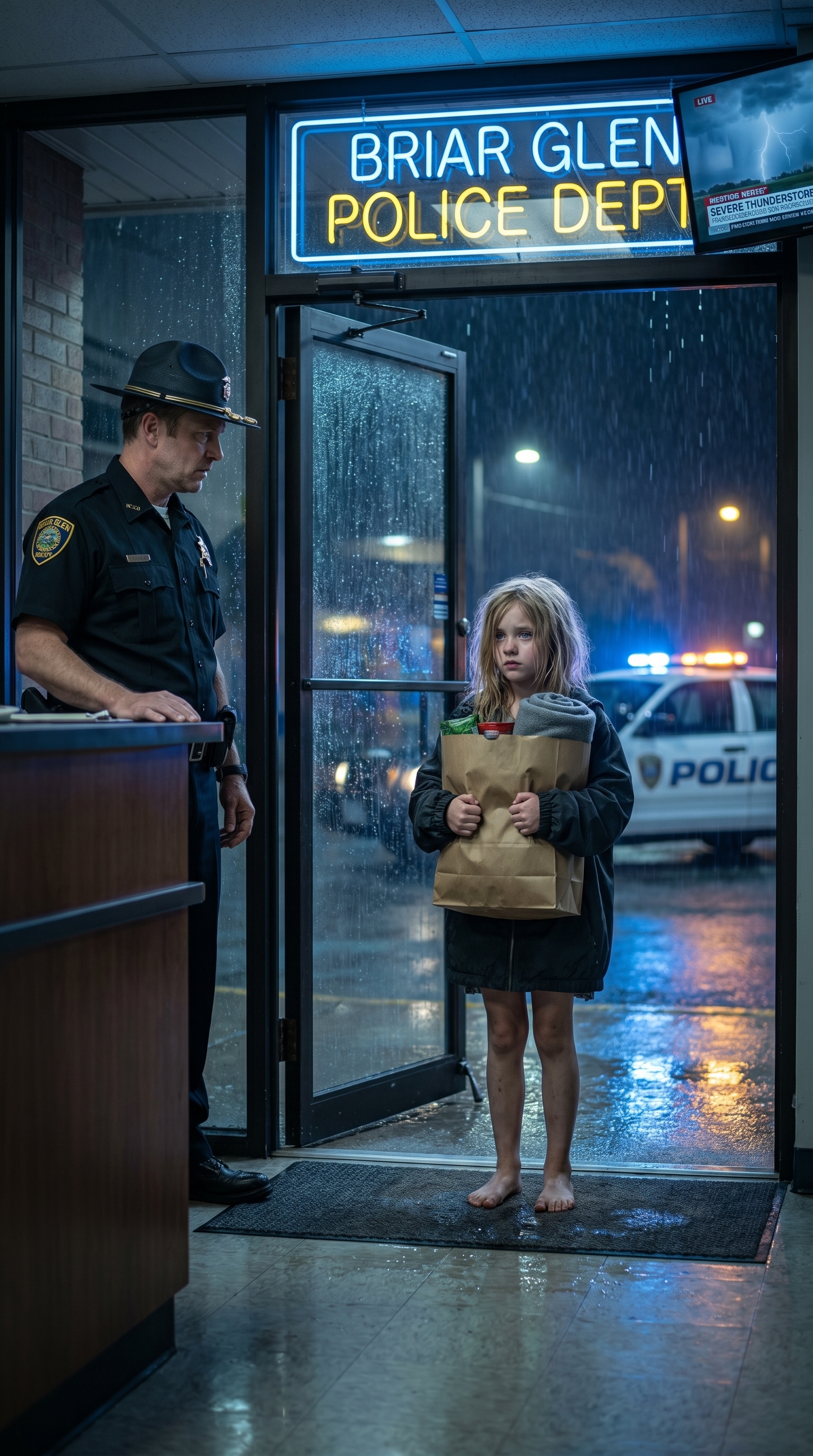 She was only seven when she walked nine blocks in the dark with her baby brother hidden in a grocery bag, stepped barefoot into the Briar Glen Police Department at 9:46 p.m., and whispered, “Please… I brought him here alone,” but the real terror began when Deputy Evan Hollis opened the folded note from her mother, realized the child had followed a secret escape plan perfectly, and then saw the man the note warned about walk through the station doors acting calm enough to fool everyone — except the little girl who already knew exactly what his smile meant