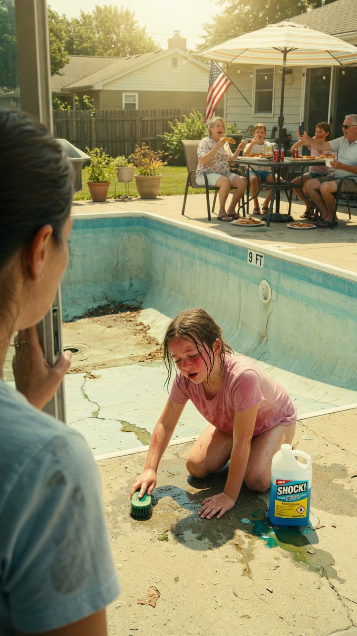 At 2 P.M., I Walked Into My Parents’ Backyard Expecting To Pick Up My 8-Year-Old Daughter Early, Only To Find Her Alone In A Drained Pool, On Her Knees With A Scrub Brush, Burning With A 107.6° Fever While Her Cousins Ate Pizza Inside
