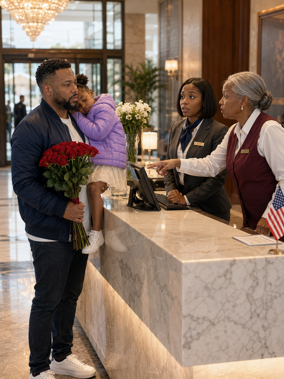 A tired single father walked into a grand hotel late at night carrying his sleeping daughter, a small bouquet of red roses, and the kind of grief most people never notice