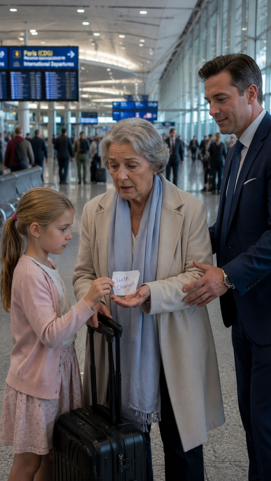 MY SON WAS TAKING ME TO FRANCE FOR MY RETIREMENT, AND AT THE AIRPORT, MY 8-YEAR-OLD GRANDDAUGHTER SLIPPED A PIECE OF PAPER INTO MY HAND THAT SAID: “RUN.” I FAKED A STOMACH ACHE AND WALKED AWAY FROM THE GATE