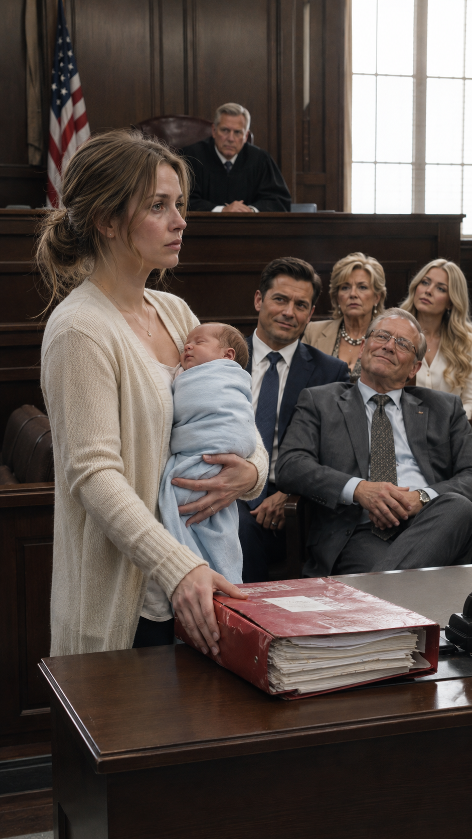 I ENTERED THE COURTROOM WITH MY NEWBORN SON IN MY ARMS WHILE MY HUSBAND’S ATTORNEY SMILED LIKE THE CASE WAS ALREADY OVER. HE ASSUMED THE RED FOLDER I CARRIED WAS A DESPERATE BID FOR SYMPATHY. BUT WHEN I PLACED IT IN FRONT OF THE JUDGE AND SAID, “YOUR HONOR, THIS CHILD IS NOT WHY I’M ASKING THE COURT TO PROTECT ME — HE IS THE EVIDENCE,”
