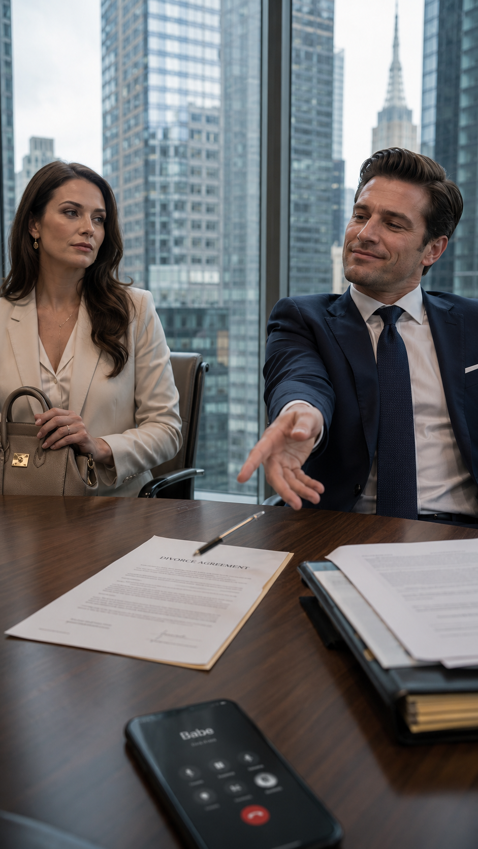 8 MINUTES AFTER OUR DIVORCE WAS FINALIZED, BRADLEY SMILED LIKE I HAD LOST EVERYTHING. HE TOSSED THE PEN ONTO THE MEDIATOR’S DESK AND SAID, “THERE’S NOTHING TO DIVIDE.” HIS FAMILY WAS ALREADY AT A PRIVATE CLINIC, WAITING TO CELEBRATE THE ULTRASOUND OF THE WOMAN HE CHOSE OVER US. SO I PLACED THE PENTHOUSE KEYS BESIDE THE PAPERWORK, PULLED TWO PASSPORTS FROM MY PURSE, AND SAID, “YOU’RE RIGHT. I WON’T INTERFERE WITH YOUR NEW LIFE.” BUT THE FOLDER WAITING IN THE CAR TOLD A VERY DIFFERENT STORY.