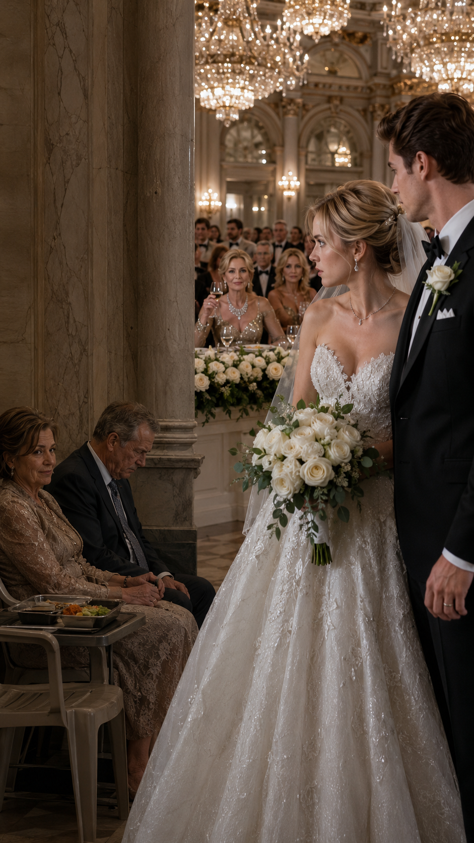 Part 2: Fifteen minutes before my wedding, I found my parents tucked behind a marble pillar on two flimsy plastic chairs, while my fiancé’s rich relatives sat proudly in the front row like honored royalty