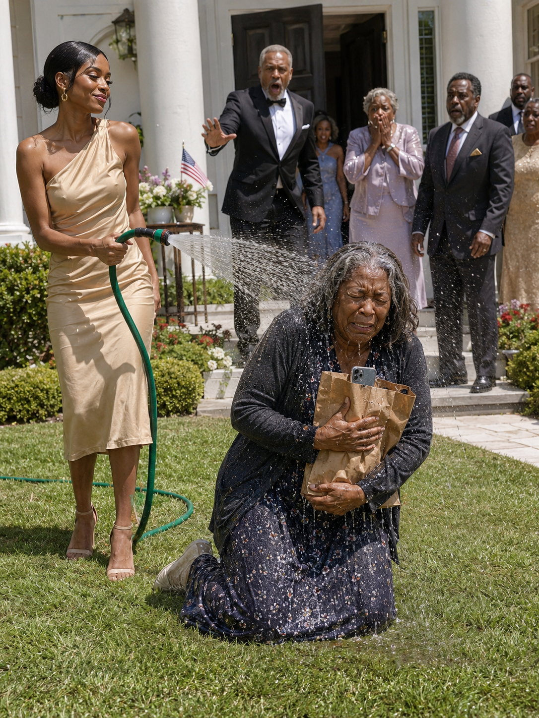 At my son’s engagement party, his fiancée bathed me with a hose in front of 30 guests and mocked me: “Beggers don’t get married here.” I just clutched my shopping bag against my chest, letting my phone keep recording, waiting for her to discover who she really was.