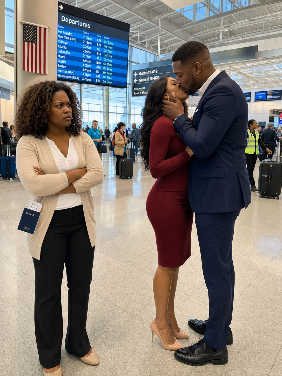 I went to the airport just to say goodbye to a friend. I never imagined I would find my husband there, hugging the woman he swore was “just a coworker.” When I got closer, my heart racing, I heard him whisper, “Everything is in place. That idiot is about to lose everything.” She laughed and replied, “And she won’t even see it coming.” I didn’t cry or confront them. I smiled. Because I had already set my trap.