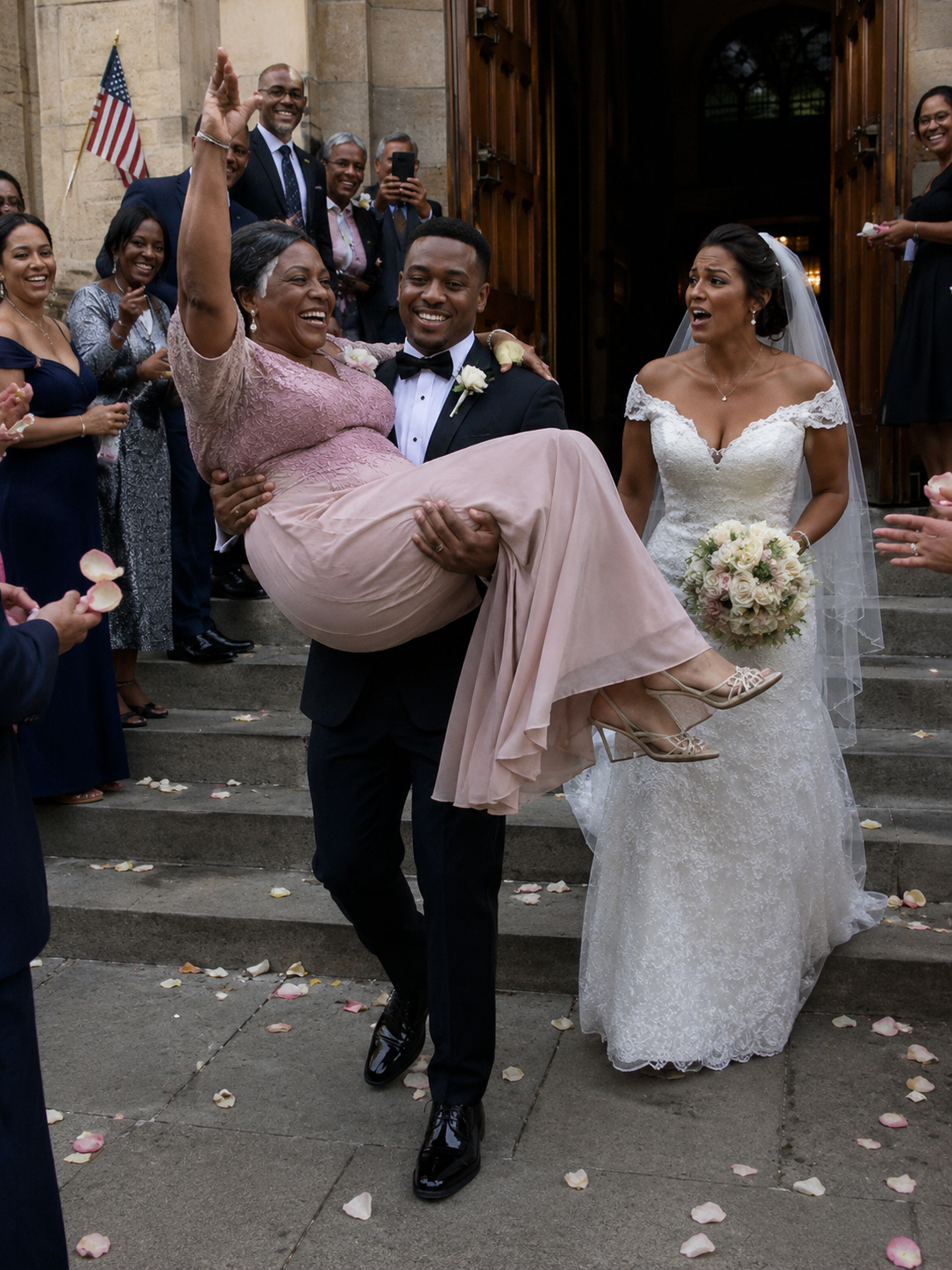 As we stepped out of the church after exchanging vows, my husband carried his mother instead of me because "she wanted to experience it too"—what my mom did next shocked everyone.