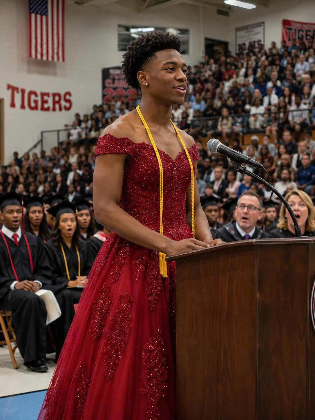 ON GRADUATION NIGHT, MY SON ENTERED THE AUDITORIUM WEARING A PUFFY RED DRESS. THE ROOM ERUPTED WITH LAUGHTER, BUT WHAT HE SAID NEXT SILENCED EVERYONE.