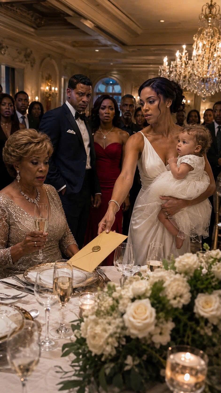 AT MY DAUGHTER'S FIRST BIRTHDAY, MY MOTHER-IN-LAW RAISED HER GLASS AND ASKED WHY THE BABY HAD BLUE EYES IF SHE WAS TRULY HER SON'S CHILD, AND MY HUSBAND ACTUALLY SMIRKED AND SAID MAYBE I HAD A SECRET—SO I STOOD UP, REACHED INTO MY PURSE, AND PLACED ONE SEALED ENVELOPE IN FRONT OF THE WOMAN WHO BELIEVED SHE HAD JUST DESTROYED ME.