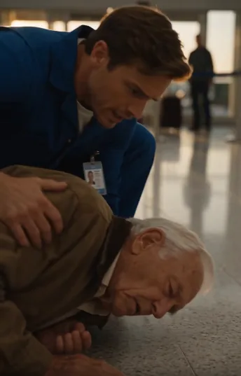 The old man dropped just as the sunset turned the airport floor to gold.