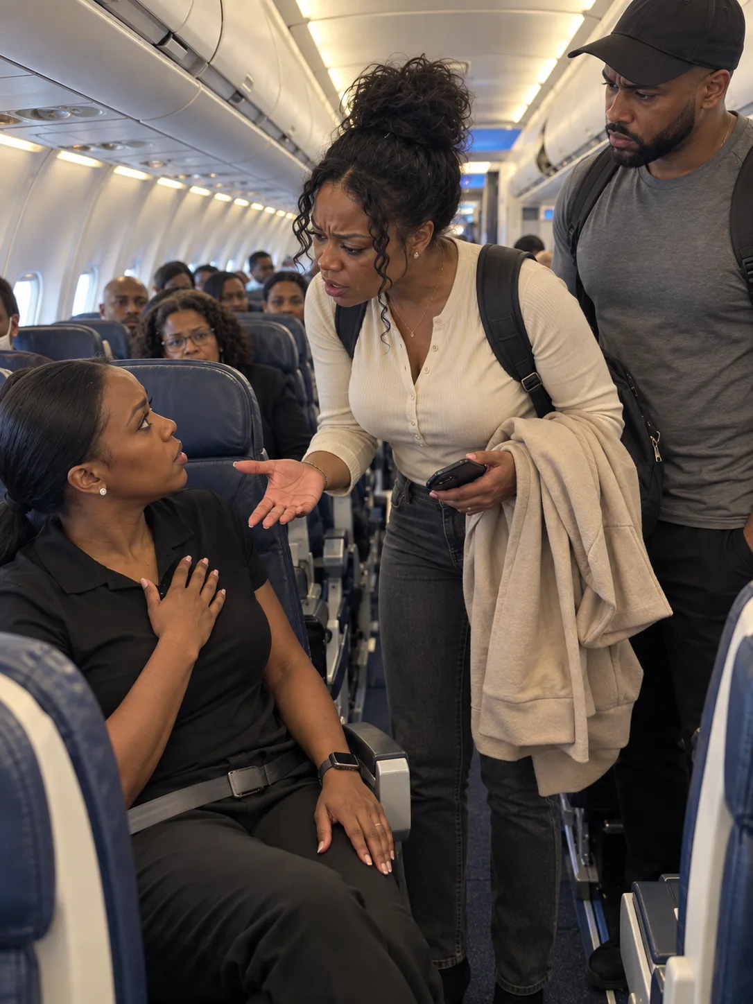 A woman took my reserved seat on a flight and refused to move — then my husband walked over and said, "What are you doing here?"