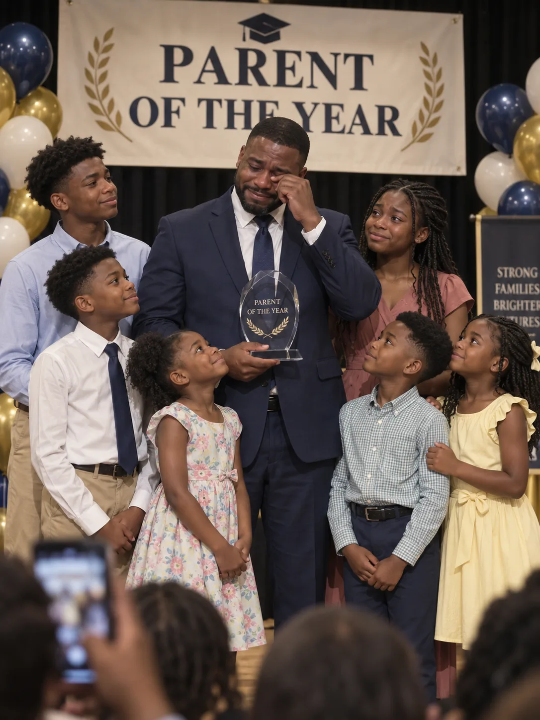 My husband won Parent of the Year for raising our six children while I sat on my own at the side of the hall — then our seven-year-old asked him a question.