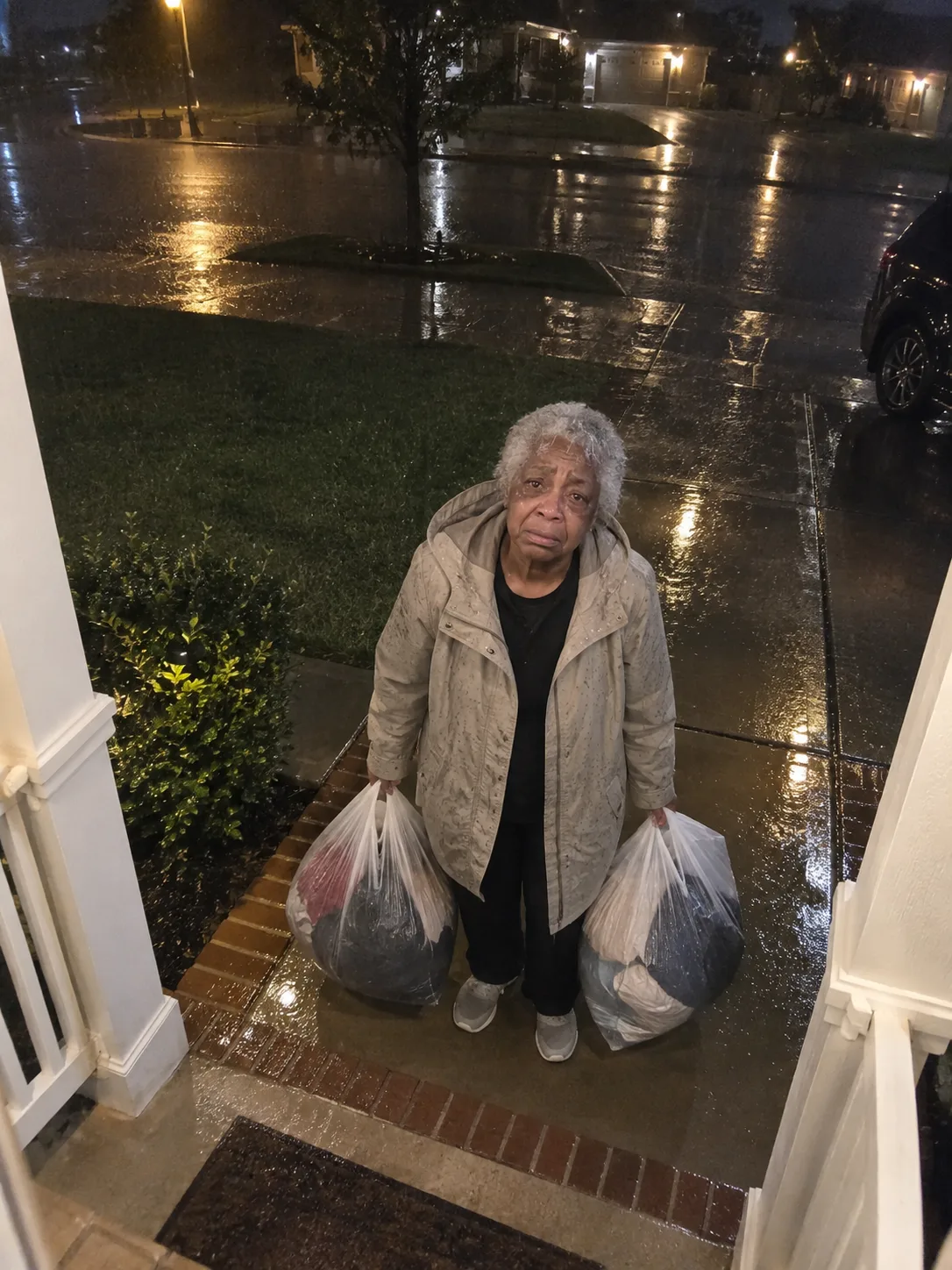 My brother asked our seventy-four-year-old mother to move into his guest room — three weeks later she was on my porch in the rain in her slippers with two carrier bags.