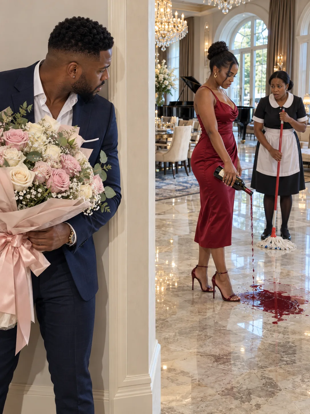 Three weeks before the wedding he came home early with white roses — and stopped outside the kitchen door.