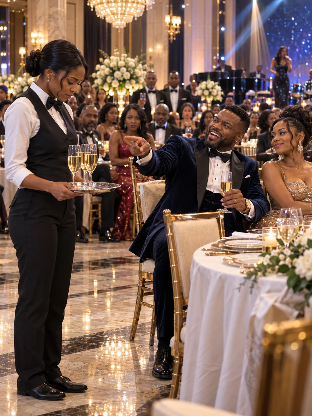 Everyone laughed when the billionaire pointed at the quiet waitress crossing the glittering ballroom and made her an unbelievable offer