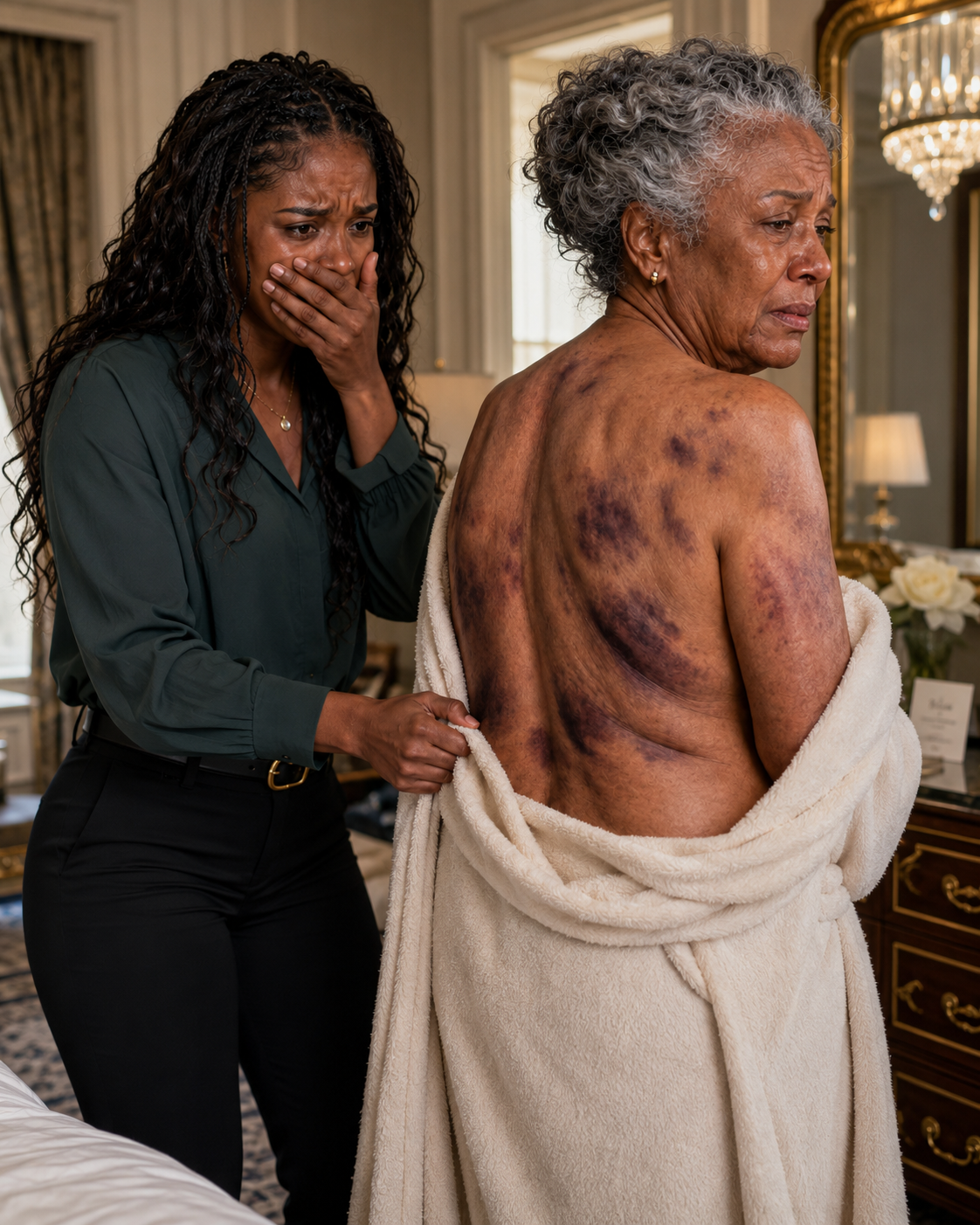I came home to visit my elderly mother,0198t- but when I offered to help bathe her, she shrank back in terror. “Please… don’t take off my coat,” she pleaded, her body trembling. The moment I carefully slipped it from her shoulders, I saw dark bruises and rope marks covering her fragile skin.