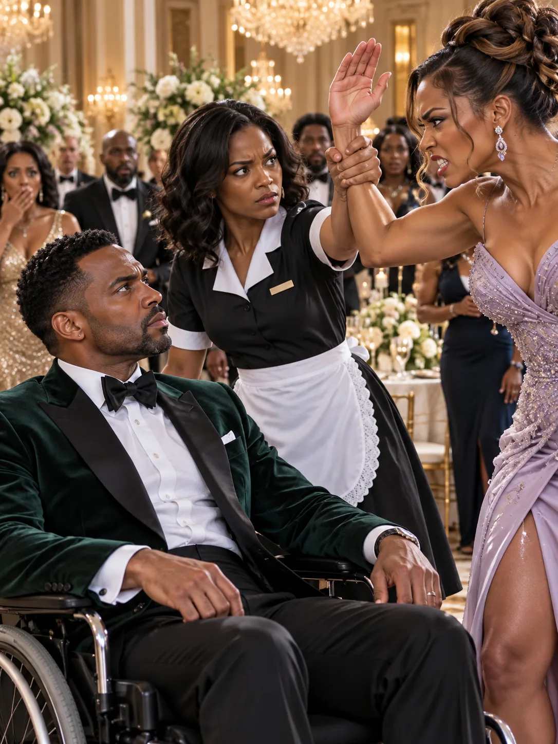 At our engagement gala I played the recordings of my fiancée's affair on the ballroom screens. She swung at me, and I was in a wheelchair and could not move — and then my housekeeper caught her wrist.
