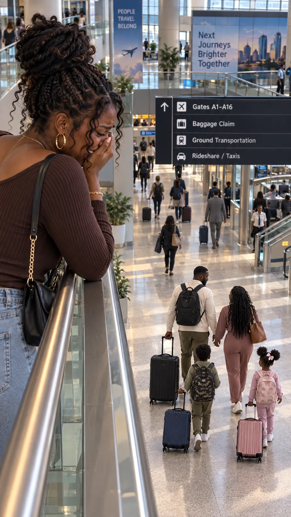 My husband rang to say he was in emergency surgery all night. I was looking down through the glass walkway at him at the time, with his arm round another woman and his entire family beside him holding boarding passes. I didn't go down. I went to a quiet corner and made one phone call.