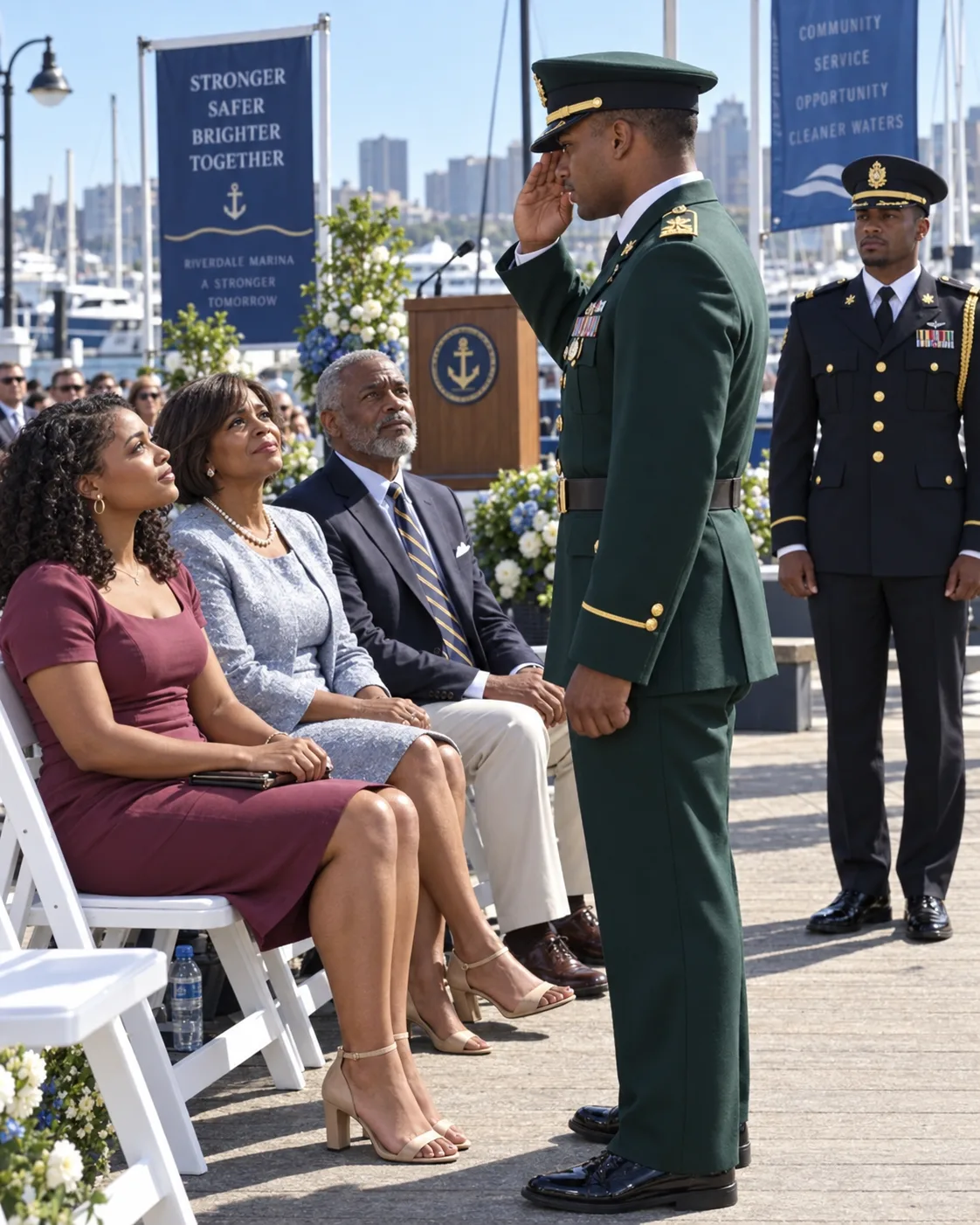 My mother told a security guard I was just my brother's sister and not important, and asked him to move me to the back row. Then the commander left the podium and walked the whole length of that tent to salute me — and it was not because of my rank.