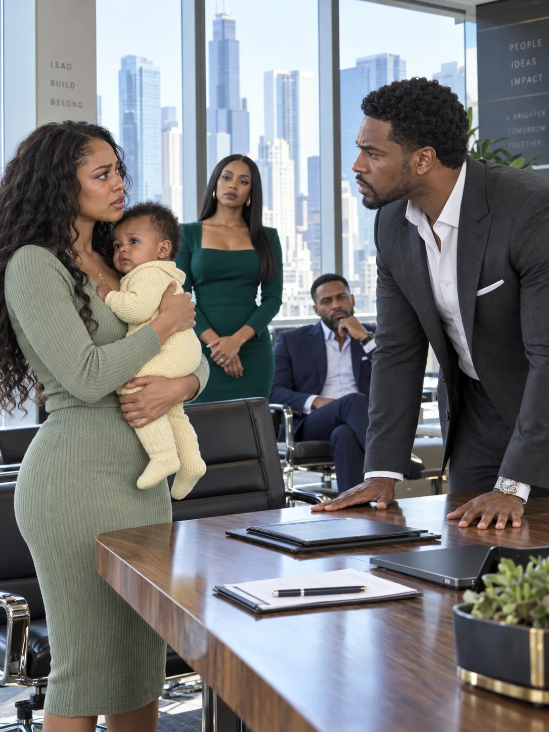 I walked into my husband's boardroom with our six-month-old daughter and stopped his hand above the last page of the divorce agreement. The clause with the yellow tab said no child had been born of the marriage — and then an envelope fell out of his chief strategy officer's handbag with my daughter's medical file inside it.
