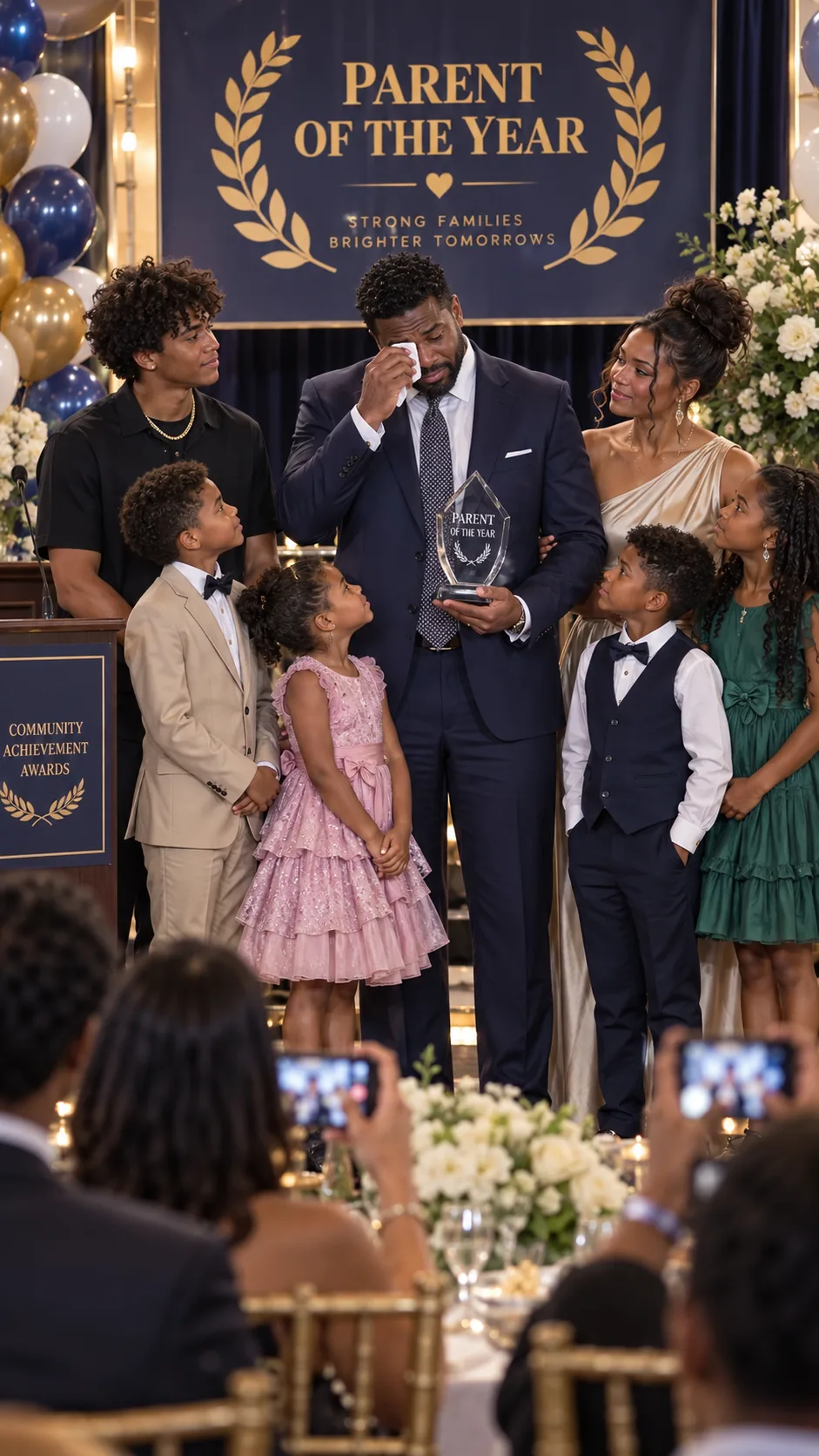 My husband won Parent of the Year for raising our six children while I sat alone at the side of the auditorium. Then our seven-year-old asked him for the microphone, said there was one little detail, and asked him one question.