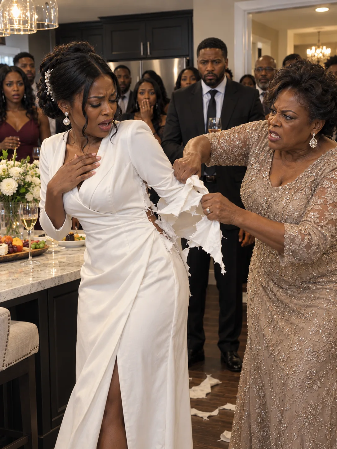 My mother-in-law tore my dress in half in my own kitchen in front of twenty-five people and shouted that her son had paid for everything in it. Then I put my phone down on the counter and let it run.