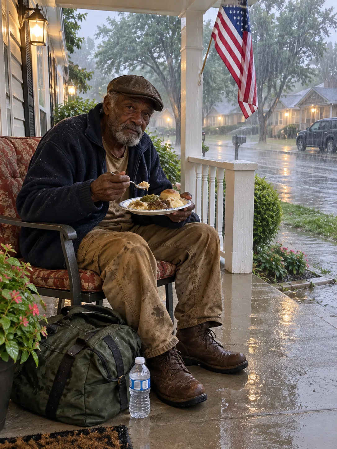 I let an elderly homeless man sleep on my covered porch during a brutal summer storm. By sunrise, he was gone. But when I lifted the blanket he had carefully folded beside my front door, I found something hidden beneath the doormat with my name written across it.