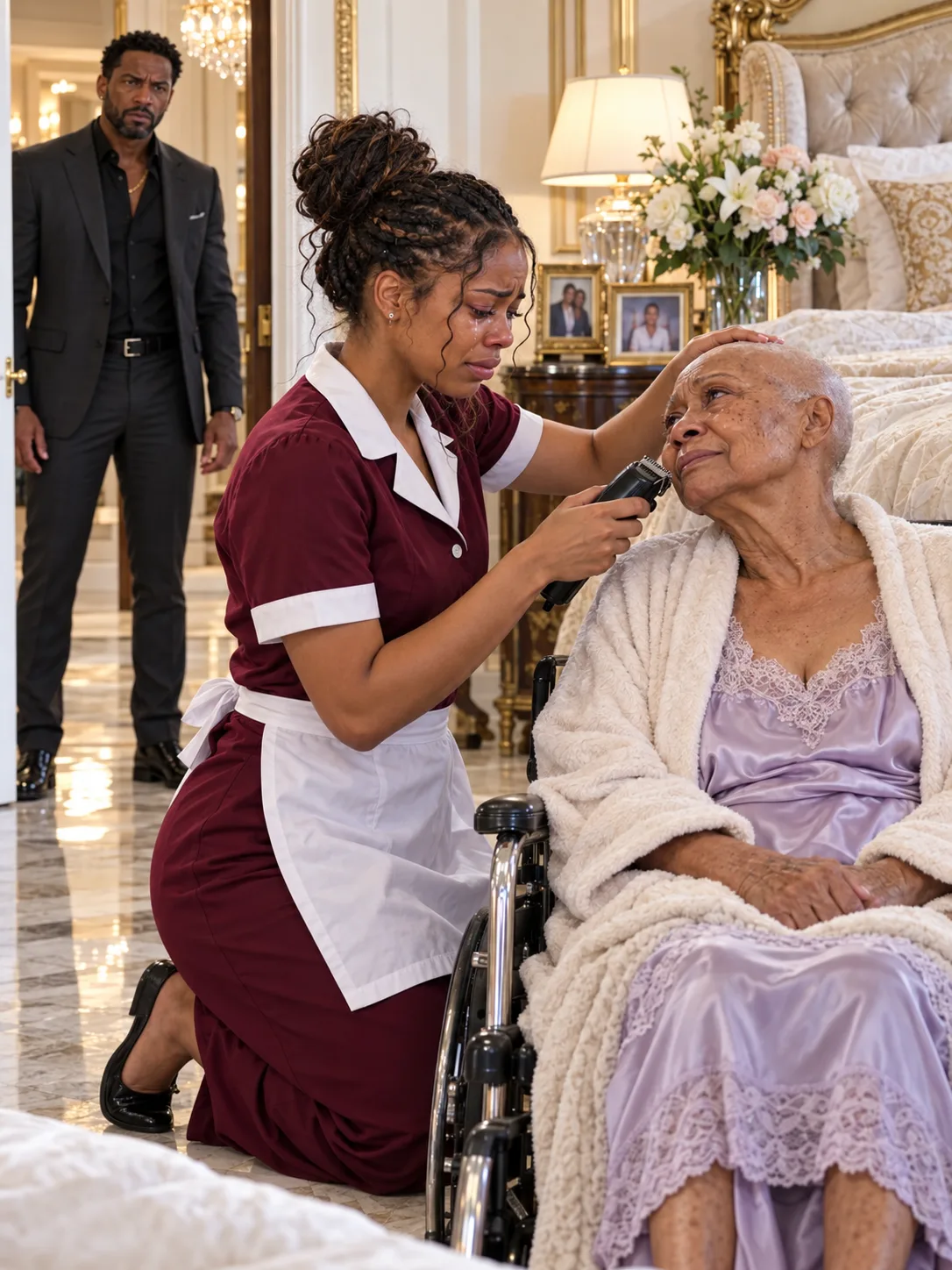 A mafia boss came home early — and caught his young maid doing something that left him speechless. She was crying beside his dying mother, gently shaving off the last strands of her hair.