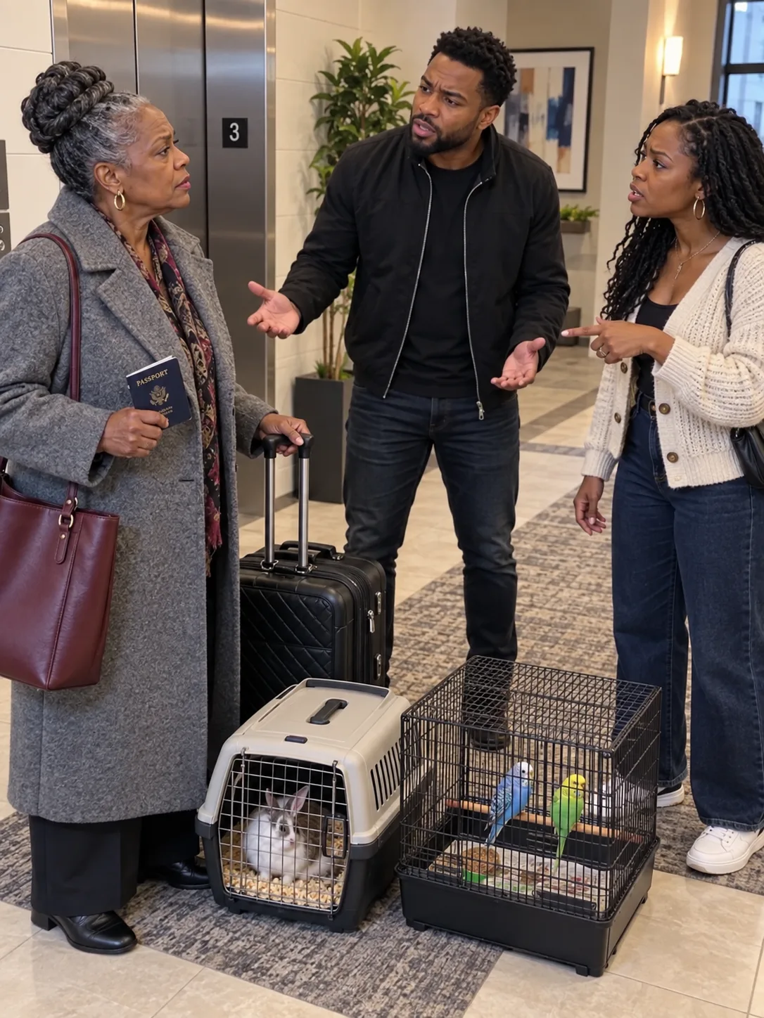 I buried my husband on the Tuesday. On the eighth day I bought a ticket for a year-long cruise. Nobody knew. Then my son put three pet cages down next to his father's photograph.