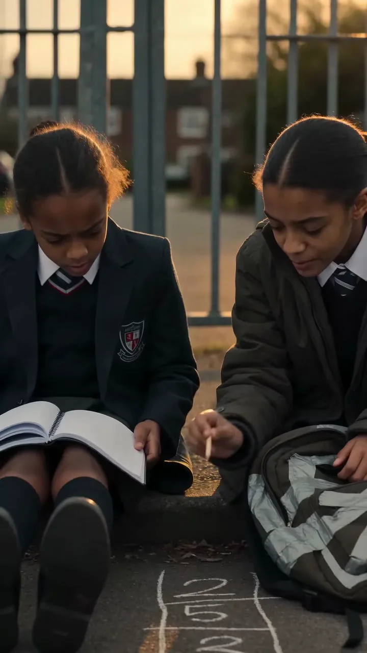 I got to my daughter's school twenty minutes early and found my eight-year-old sitting on the pavement beside a teenager in a taped-up coat. On the concrete between them were numbers scratched with a broken stick.