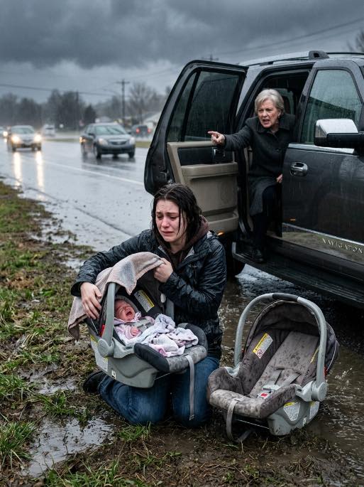 “Get out of the car right now,” my mother ordered while rain hammered the highway and my three-day-old twins cried in their car seats, and when I begged her to stop because the babies were newborns, my father grabbed my hair and pushed me out onto the road while the car was still moving… then my mother threw my babies after me into the mud and said, “Divorced women don’t deserve children.” Years later, those same people stood at my door begging for help.
