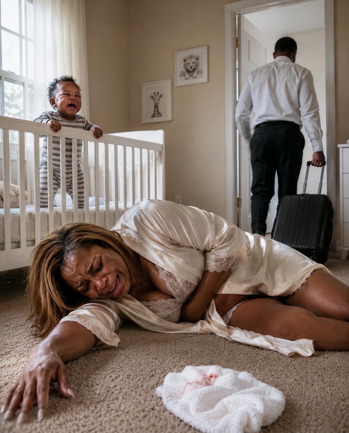 Eight days after giving birth, I was ʙʟᴇᴇᴅɪɴɢ in the baby’s room while my husband closed his suitcase and said, “Stop ruining my birthday”; he came back tanned, but found the truth dried on the carpet and lost his family forever in front of everyone at the courthouse.