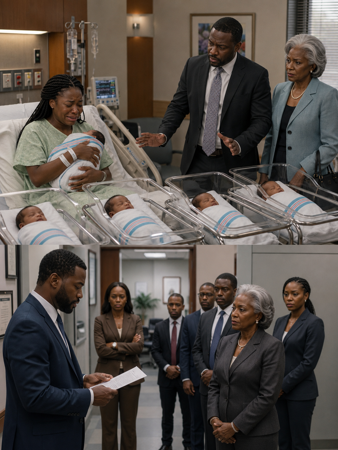 All five babies in the bassinets were Black. My husband took one look and shouted, “They’re not my children!” Then he walked out of the hospital and never came back. I held five newborns alone as nurses whispered and doors closed behind him. Thirty years later, he stood before us again— and the truth waiting for him shattered everything he thought he knew.
