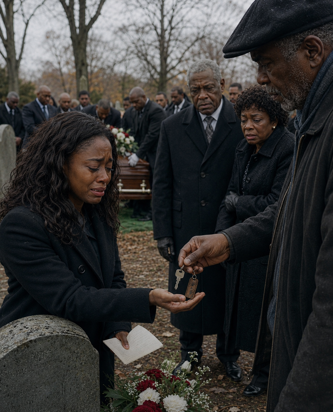 At my mother’s funeral, the gravedigger quietly pulled me aside and said, “Ma’am, your mom paid me to bury an empty coffin.” I told him to stop playing games. Then he slipped a key into my hand, whispered, “Don’t go home. Go to Unit 16 right now,” and my phone lit up with a message from my mother: “Come home alone.”