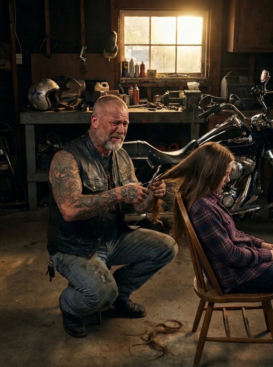 The Tattooed Biker Cried While Cutting His Daughter’s Hair Before College, But Not Because She Was Leaving — Because One Last Ride on His Harley Meant She Wasn’t Five Anymore